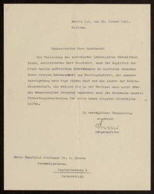 76: Brief von Adolf Ritter (Berliner Magistrat) an Otto von Gierke, Berlin, 10.1.1921