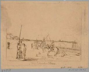 Soldaten während der Napoleonkriege auf dem Schlossplatz in Dresden, im Hintergrund die von Franzosen am 19. März 1813 gesprengte Elbbrücke (alte Augustusbrücke) mit hölzerner Interimsbrücke (ganz rechts)