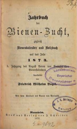 Jahrbuch der Bienenzucht. 1873 (1872) = Jg. 5