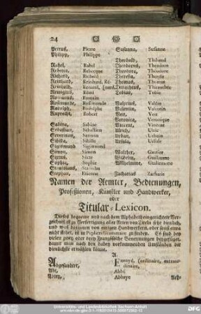 Namen der Aemter, Bedienungen, Profeßionen, Künstler und Handwerker, oder Titular-Lexicon.