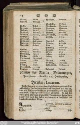 Namen der Aemter, Bedienungen, Profeßionen, Künstler und Handwerker, oder Titular-Lexicon.