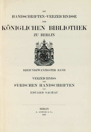23. Band, 1. Abtheilung: Die Handschriften-Verzeichnisse der Königlichen Bibliothek