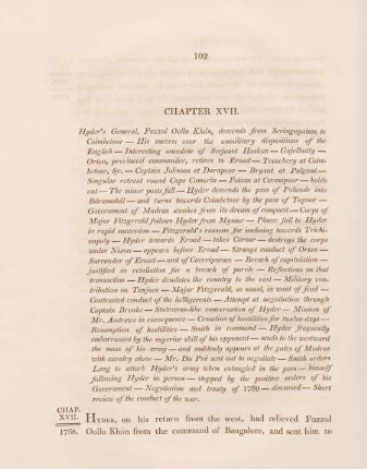 Chapter XVII. Hyder's General, Fuzzul Oolla Khân, descends from Seringapatam to Coimbetoor - ...