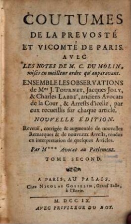 Coutumes de la prevosté et vicomté de Paris, T. 2