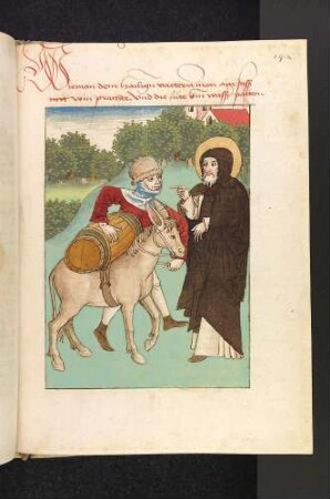 EIn Mann bringt ein Weinfass auf dem Rücken seines kranken Esels zu Altvater Ammon, (Ammon).