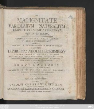 De Malignitate Variolarvm Natvralivm Tempestivo Vesicatoriorvm Vsv Avertenda