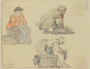 Eine sitzende Bäuerin, ein kauernder Bauer und eine Wäscherin