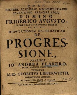 Dispvtationem Mathematicam De Progressione