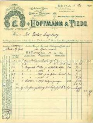 Rechnung der Firma Hoffmann & Tiede über den Verkauf von Schokolade - Sachkonvolut