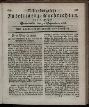 XXXIX. Stück. Sonnabends: den 30. September, 1786.