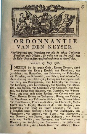 Ordonnantie Van Den Keyser : Van den 27 Mey 1786