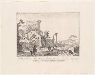 Landschaft mir Dorf, Ruinen und zwei Reitern, Bl. 13 der Folge "Varia Marci Ricci pictoris praestantissimi experimenta"