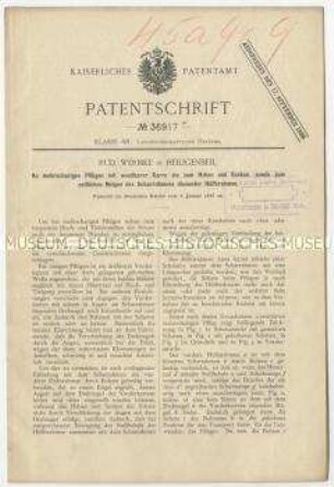 Patentschrift eines Hilfsrahmens an mehrscharigen Pflügen zum Heben und Senken des Scharrahmens, Patent-Nr. 36917