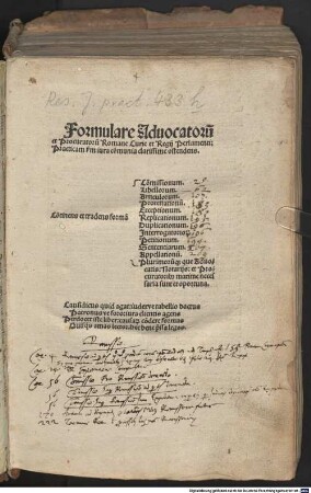 Formulare Advocatoru[m] et Procuratoru[m] Romane Curie et Regii Perlamenti : Practicam [secundu]m iura co[m]munia clarissime ostendens ; Con[n]tinens et tradens forma[m] Co[m]missionum, Libellorum, Articulorum, Protestationu[m] ...