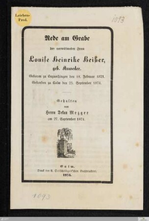 Rede am Grabe der verwittweten Frau Louise Heinrike Beißer, geb. Auweder