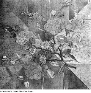 Intarsien mit Päonien und anderen Blumen von einem Möbelstück (wohl 18. Jh.)