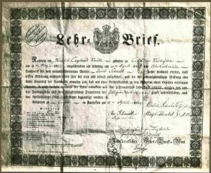 Lehrbrief des F. E. Knäble zur Erlernung des Blechschmiedehandwerks, 1839