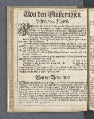 Von den Finsternissen dieses 1704. Jahres.