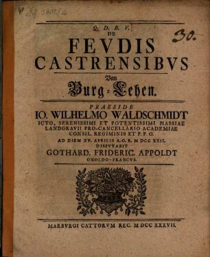 De Fevdis Castrensibvs : = Von Burg-Lehen