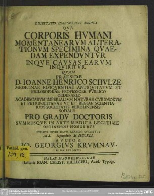 Dissertatio Inauguralis Medica Qua Corporis Humani Momentanearum Alterationum Specimina Quaedam Expenduntur Inque Causas Earum Inquiritur