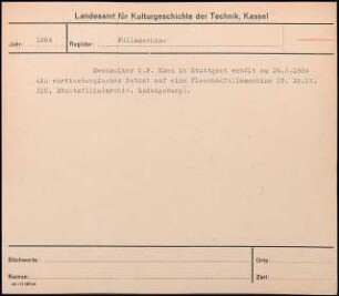 Mechaniker G. F. Kuch in Stuttgart erhält am 24. Feb. 1864 ein württembergisches Patent auf eine Flaschenfüllmaschine