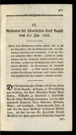 CI. Resolution des Churfürsten Ernst August vom 2ten Jun. 1693.