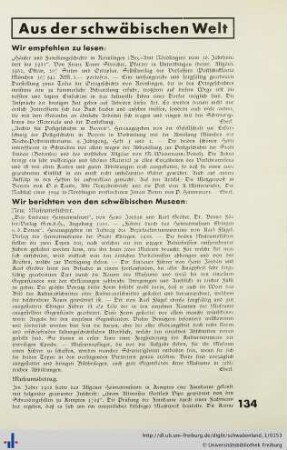 Aus der schwäbischen Welt. Buchbesprechung, Museen, Denkmalpflege usw.