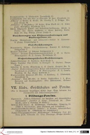 VII. Klubs, Gesellschaften und Vereine.