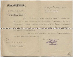 Schreiben des preußischen Kriegsministeriums an die Mutter eines deutschen Offiziers in sowjetischer Kriegsgefangenschaft über dessen Verbleib