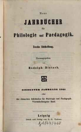 Neue Jahrbücher für Philologie und Pädagogik. 84 = Jg. 31 = Jg. 7. 1861
