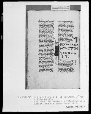 Jacob von Teramo, Belial und Johannes von Mandeville, Reise nach Jerusalem — Jean de Mandeville, Die Reise nach Jerusalem — Mann mit Schriftband, Folio 180verso