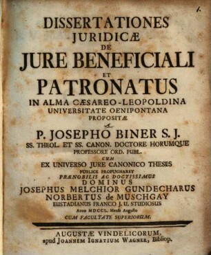 Dissertationes iur. de iure beneficiali et patronatus