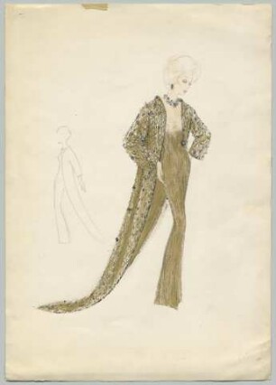 Ein bodenlanges Showkleid ("Goldkleid") mit besticktem Mantel und kleine Profilansicht (Archivtitel)