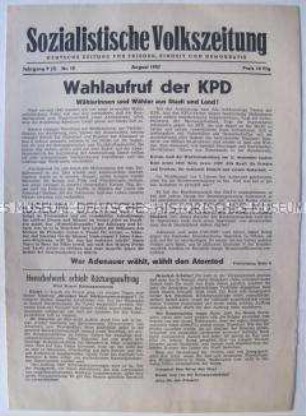 Kommunistische Monatszeitung u.a. zur Bundestagswahl ("Wer Adenauer wählt, wählt den Atomtod")