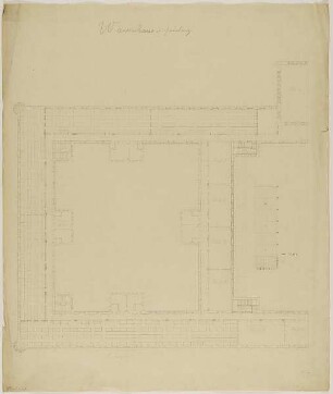 Waisenhaus, Hamburg. Wettbewerbsentwurf Kernkomplex. Grundriss 1. Stock. Rechte Hälfte mit Mittel- und Knabentrakt