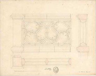 Thiersch, August ; Studienarbeiten - Baukörper mit Fischblasen - Ornament (Grundriss, Ansicht, Schnitt)