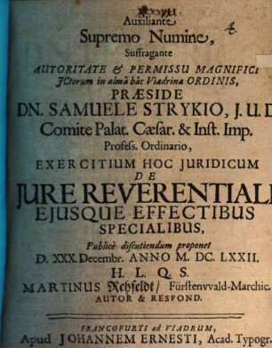 Exercitium hoc juridicum de jure reverentiali ejusque effectibus specialibus