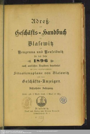 18.1896: Adreß- und Geschäfts-Handbuch für Blasewitz mit Neugruna und Neuseidnitz