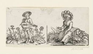 Nackte Frau mit Laute (links), Frau auf zwei Narren sitzend (rechts), Blatt 5 der Folge "Zehn Fragmente eines Kartenspiels"