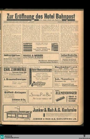 Karlsruher Tagblatt, Sonderbeilage. Zur Eröffnung des Hotel Bahnpost