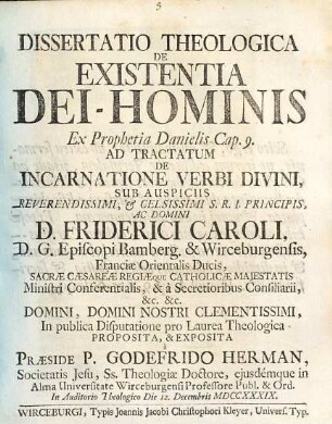 Dissertatio Theologica De Existentia Dei-Hominis Ex Prophetia Danielis Cap. 9 : Ad Tractatum De Incarnatione Verbi Divini