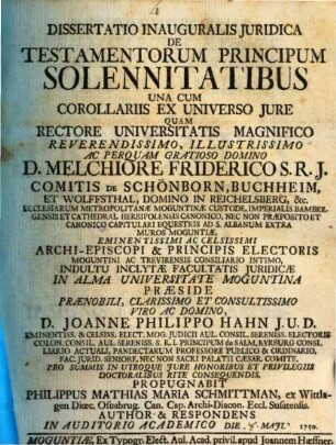 Diss. inaug. iur. de testamentorum principum solennitatibus : una cum corollariis ex universo iure