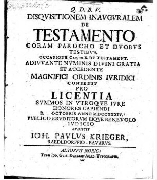Disqvisitionem inavgvralem de testamento coram parocho et dvobvs testibvs