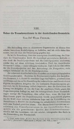 XIII. Ueber die Transformationen in der darstellenden Geometrie.