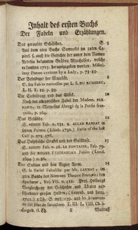 Inhalt des ersten Buchs - Inhalt des zweyten Buchs Der Fabeln und Erzählungen.