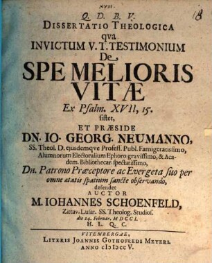 Diss. theol. qua invictum V. T. testimonium de spe melioris vitae ex Ps. XVII, 15. sistet
