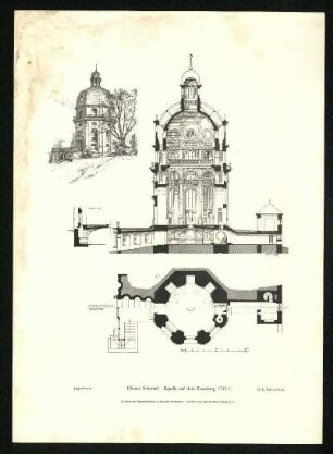 Kloster Schöntal. Kapelle auf dem Kreuzberg 1716 f. Grundriss, Schnitt und Ansicht.