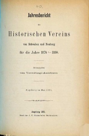 Jahresbericht des Historischen Vereins von Schwaben und Neuburg. 1878/80