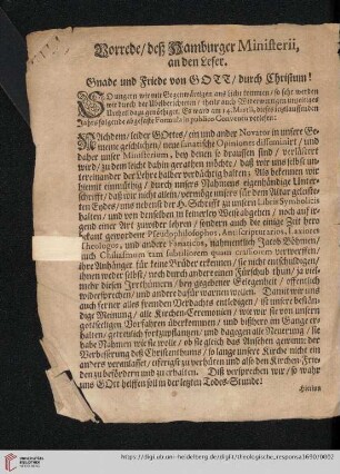 Vorrede / deß Hamburger Ministerii, an den Leser