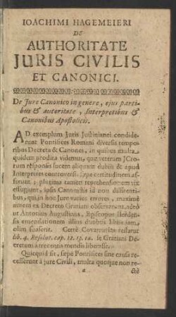 Ioachimi Hagemeieri De Authoritate Iuris Civilis Et Canonici